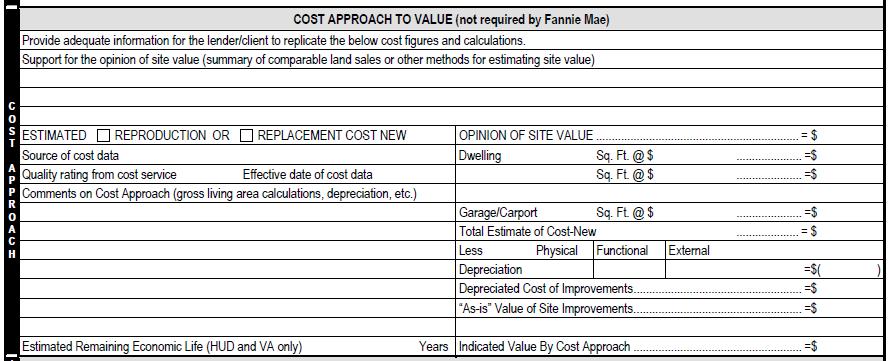 Cost Approach This section bases value on the cost of replacing the home.