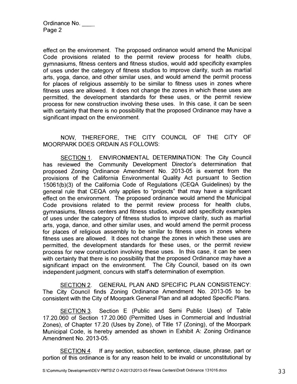 Ordinance No. Page 2 effect on the environment.