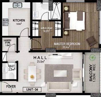 7 m2 Kitchen 9.0 m2 Powder Room 3.3 m2 Master Bedroom 20.4 m2 A - Bedroom 17.