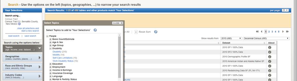 Accessing Fact Finder Select Topics to add to Your Selections