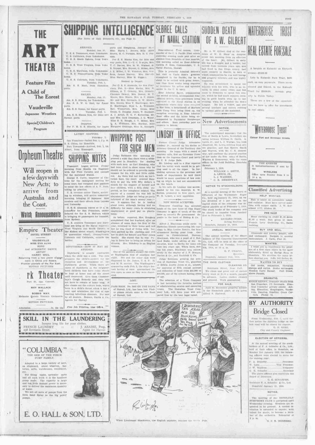 --THE HAWAAN STAR TUESDAY, FEBRUARY 1, 1910 FVE V j THE n j&w THEATER Feaure Flm A Chld of The Eores Vaudevlle Japanese Wreslers s Specal Chldrens Program DrpheumTheare Wll reopen n a few days wh New
