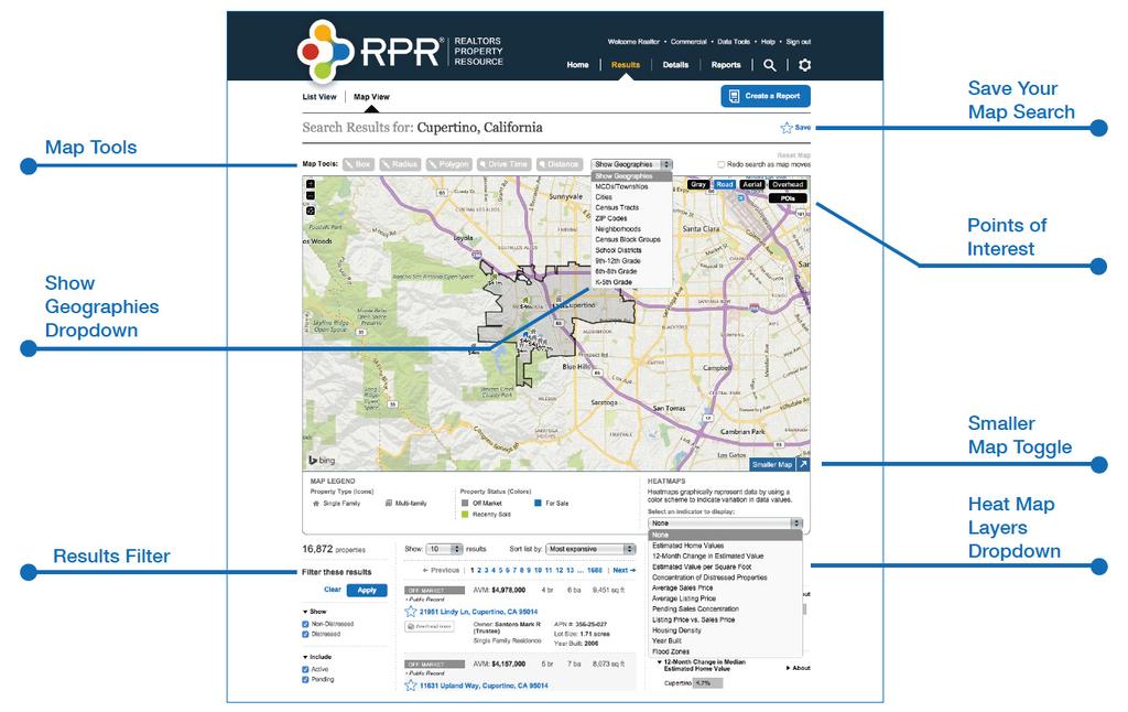 Toggle the results page from List View to Map View From there, choose your preferred method for deepening your search with RPR s map drawing
