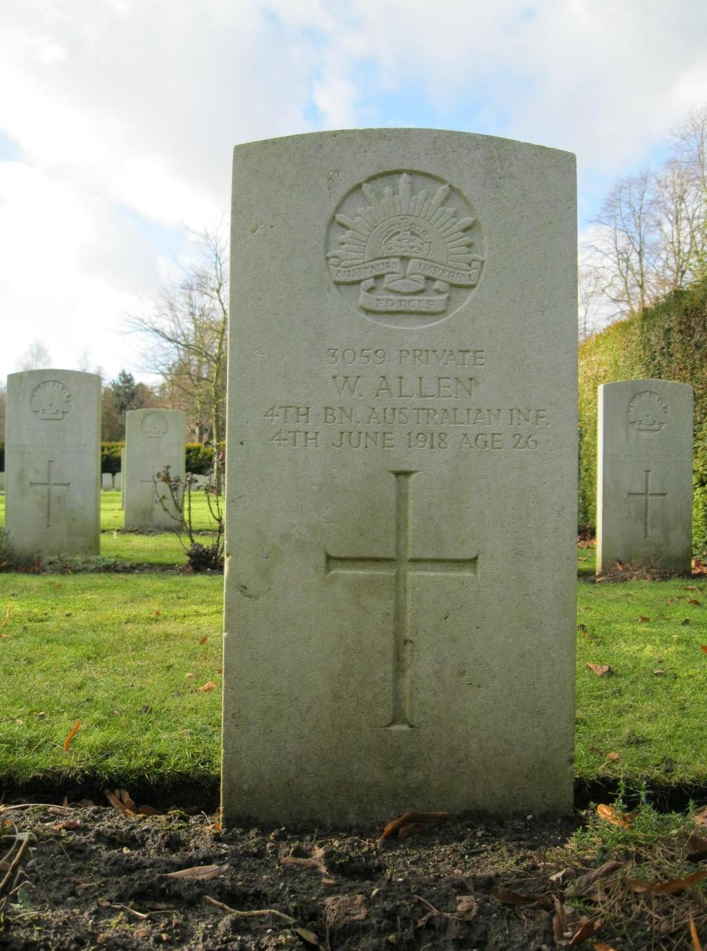 Photo of Private W. Allen s Commonwealth War Graves Commission Headstone in Earlham Road Cemetery, Norwich, Norfolk, England.
