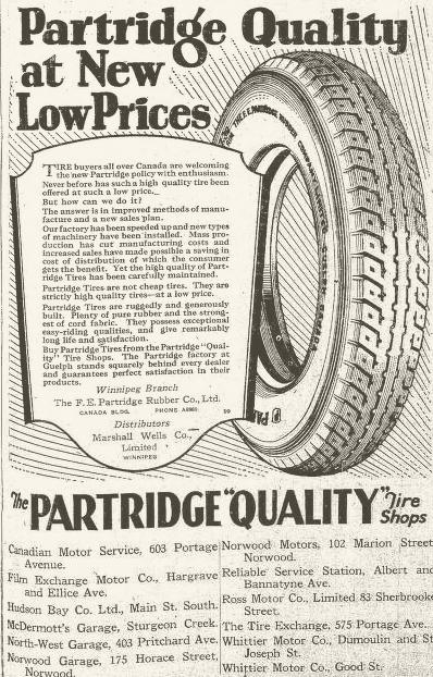 Plate 19 Advertisement for the Partridge Quality Tire Shops in Winnipeg, including the Reliable Service