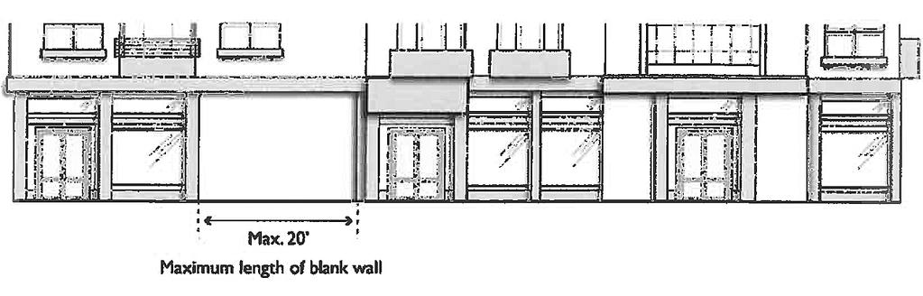 D. Blank Walls. Walls facing streets shall not run in a continuous plane for more than 20 feet without an opening.