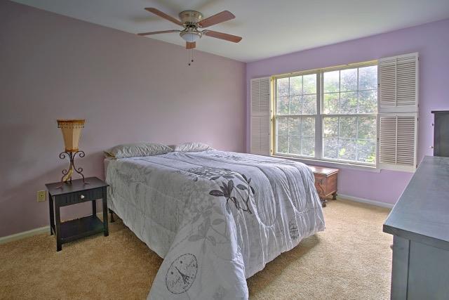 Softly carpeted, the room has a walk-in closet and an ample, well-lit full