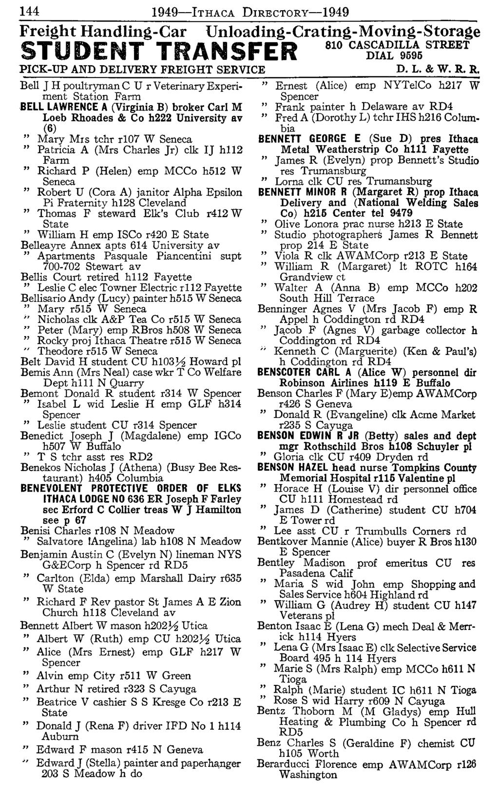 144 1949-lTHAcA DIRECTORy-1949 Freight Handling-Car STUDENT TRANSFER Unloading-Crating-Moving-Storage S10 CA~1~I~~~STREET PICK-UP AND DELIVERY FREIGHT SERVICE D. L. & W. R.