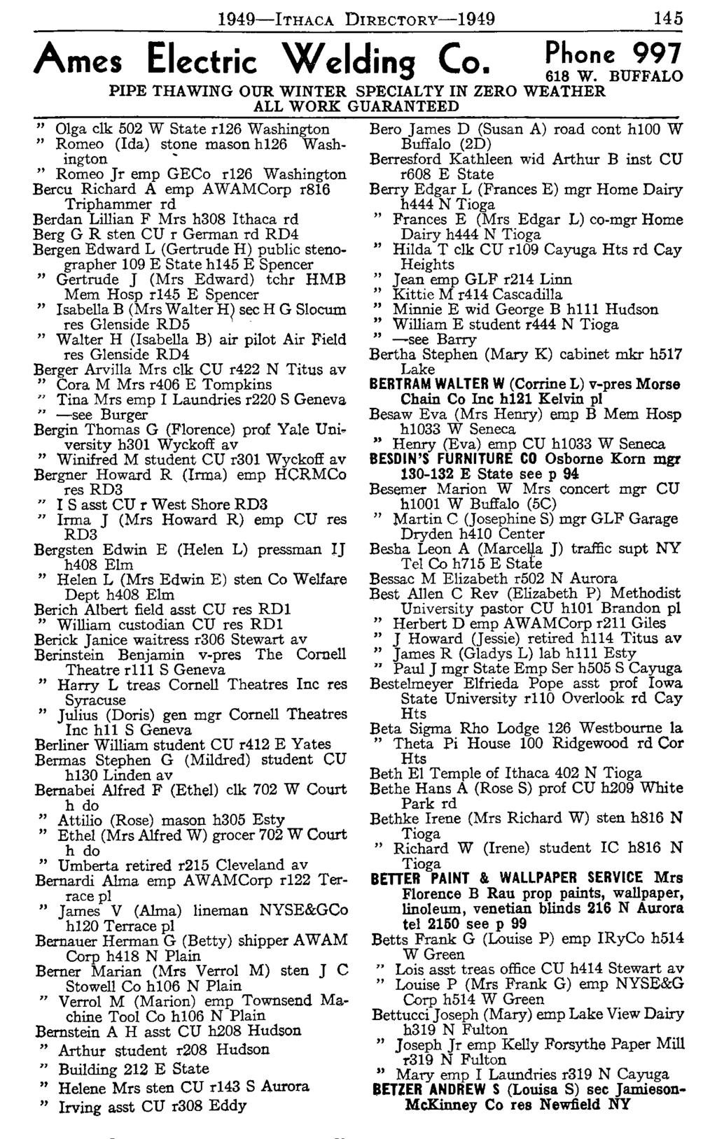 1949-lTHAcA DIRECTORy-1949 145 Ames Electric Welding Co. ~~~~~J?