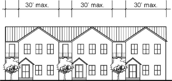 Above: Residential building articulation at 30-foot or less intervals. Below: Articulation examples of mixed-use buildings containing residential uses on upper floors.