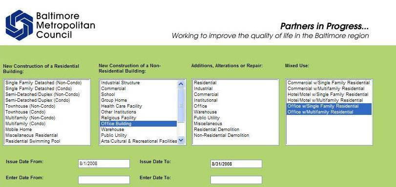 Online Building Permit Data System User s Guide Tutorial: How to do a Building Permit Search Once you have reached the Baltimore Metropolitan Council's building permit web site (at http://bmc.