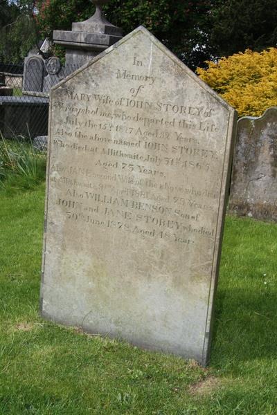 POSITION See Plan J16 Headstone In Memory of MARY Wife of JOHN STOREY of Wraysholme who departed this Life July the 15 th 1827 Aged 32 Years Also the above named JOHN STOREY who died at Allithwaite