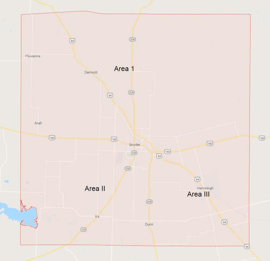 Area boundaries are Highway 180 and Hwy 208 south of Snyder Area 1 is all the area north of Hwy 180, a lessor dense area than