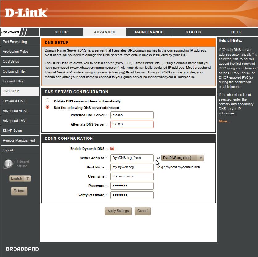 Allgemeine Einstellungen DYNDNS Diese Abbildung zeigt die Bildschirmseite des Routers für die Einstellungen des DNS und den eventuellen Einsatz des DNS Service (zum Beispiel DynDNS).