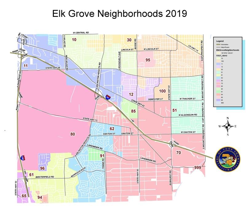Elk Grove Neighborhood Locations/Codes Elk Grove is located on the northern border of Chicago. It is the 8th largest township in the north suburbs with 17,545 single-family parcels.