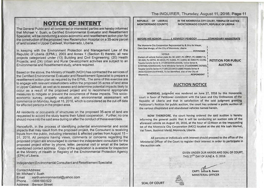 The INQUIRER, Thursday, August 11, 2016, Page 11 : NOTICE OF INTENT The General Public and all concerned or interested parties are hereby informed that Michael V.